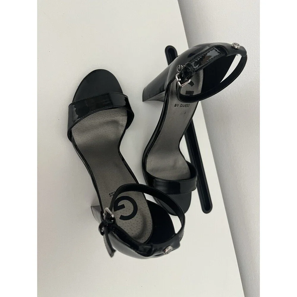 G By Guess Women’s Black Leather Buckle Open Toe Ankle Strap Heels Size 8.5 M